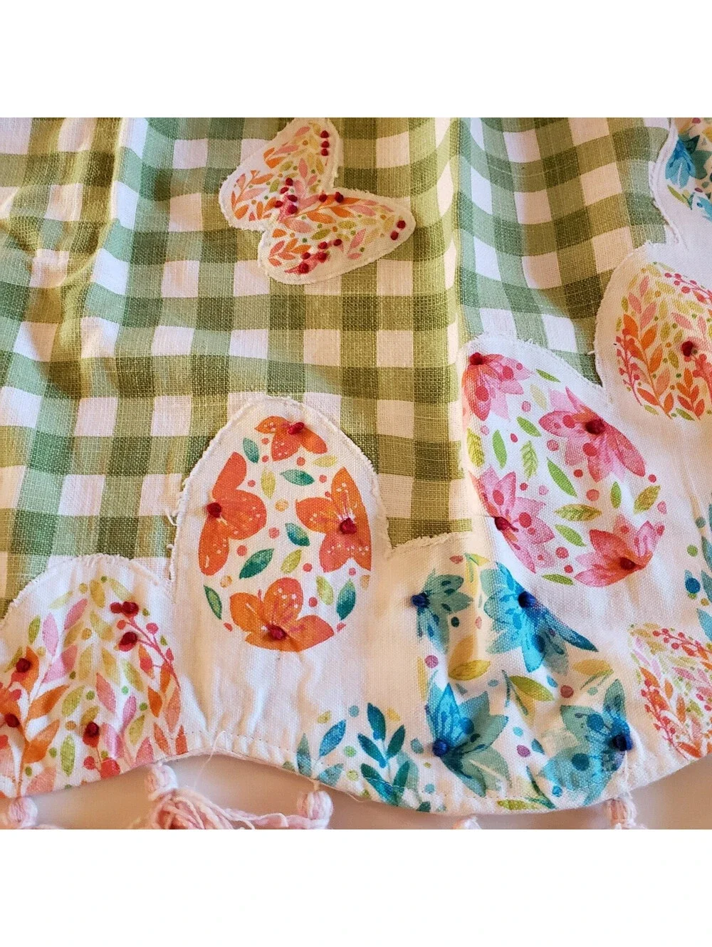 Happy Easter Cotton Bib Apron Green Check Pink Trim Embroidered Kitchen Cook